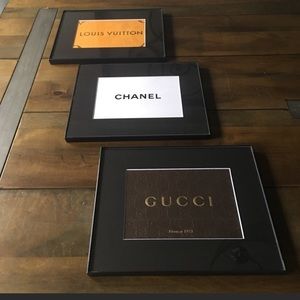 Triptych luxury wall art set Gucci, Chanel and Louis Vuitton in custom frames